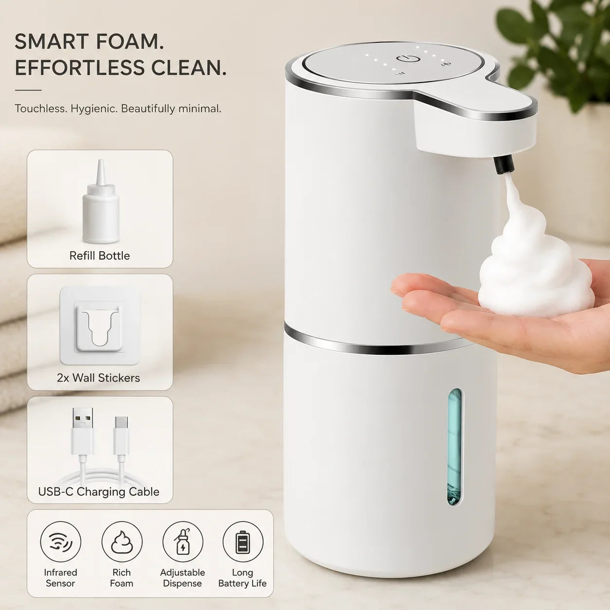 White touchless foam soap dispenser with infrared sensor, USB-C charging, for bathroom or kitchen use