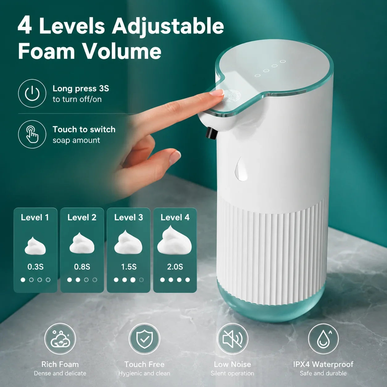 White touchless foam soap dispenser with 4 adjustable levels, IPX4 waterproof, on marble countertop