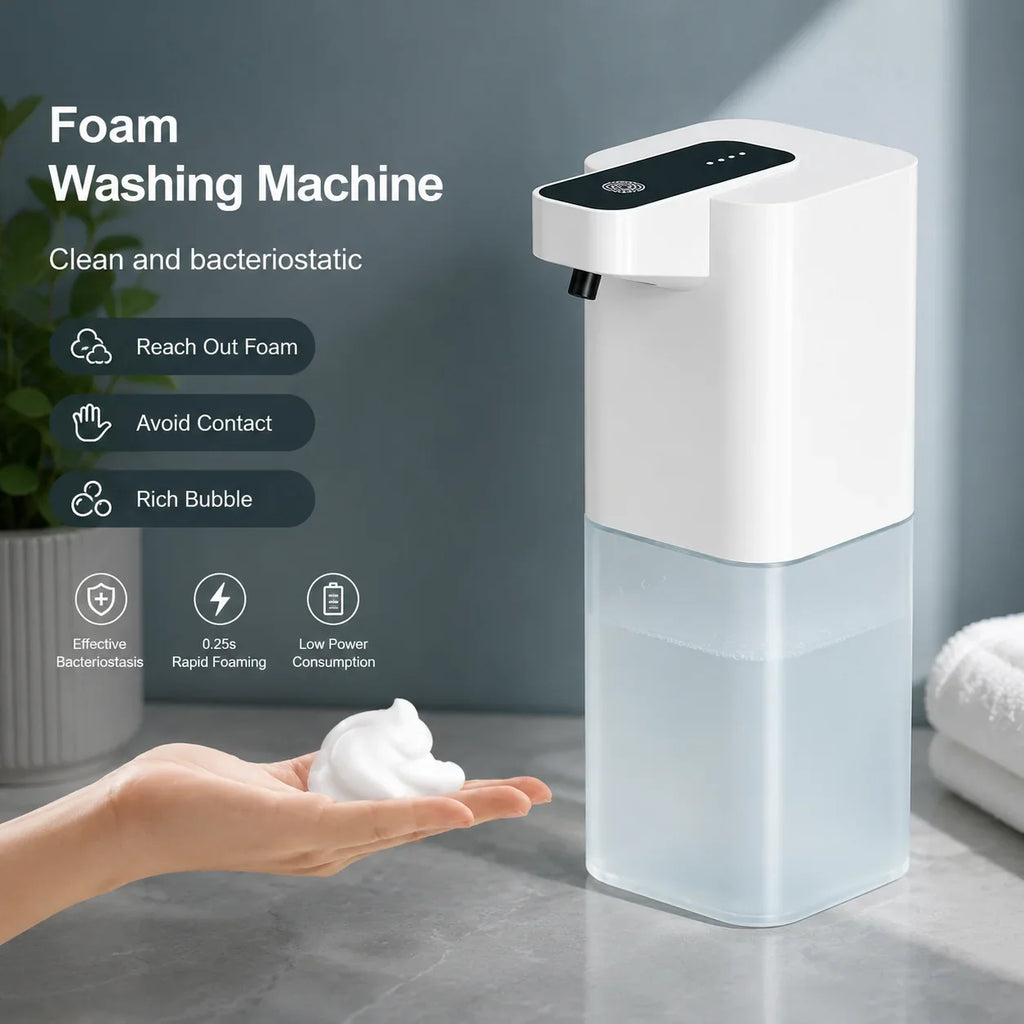 White automatic foam soap dispenser with touchless sensor for bathroom or kitchen use