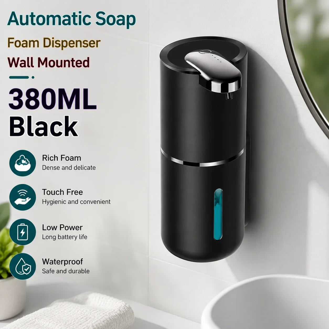 Black wall-mounted automatic foam soap dispenser with touch-free sensor for bathroom or kitchen use