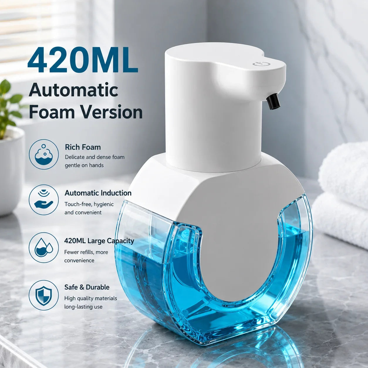 White automatic foam soap dispenser with 420ml capacity, touch-free sensor, clear blue reservoir for bathroom or kitchen use