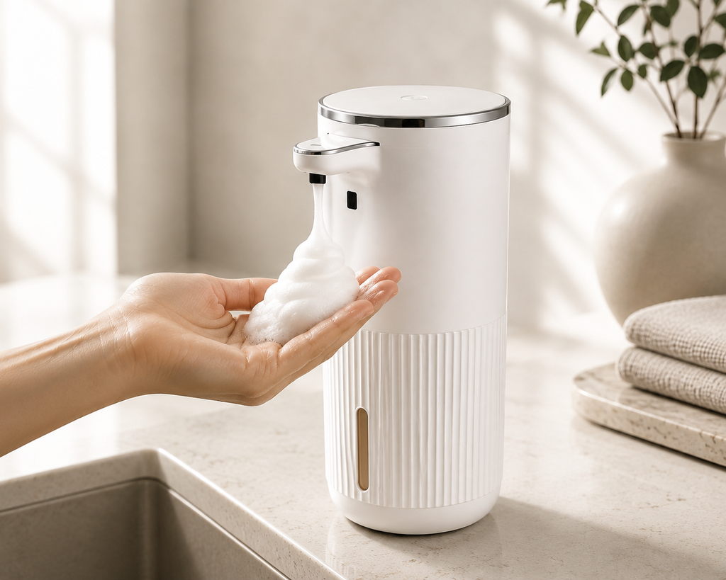 A white automatic soap dispenser with a metallic silver top, dispensing foam into a person's hand on a light beige countertop.