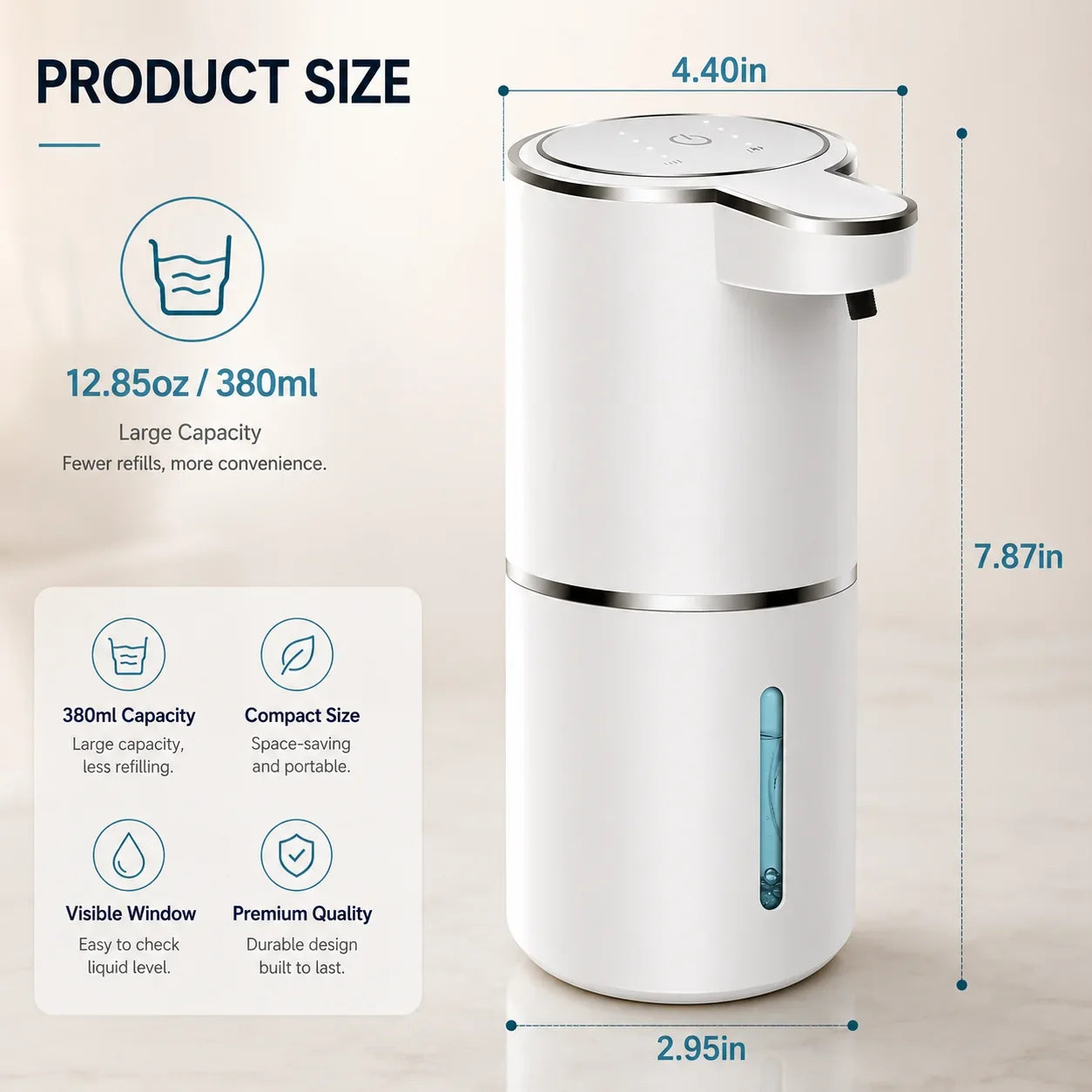 White automatic soap dispenser with 380ml capacity, visible window, and compact design for kitchen or bathroom use