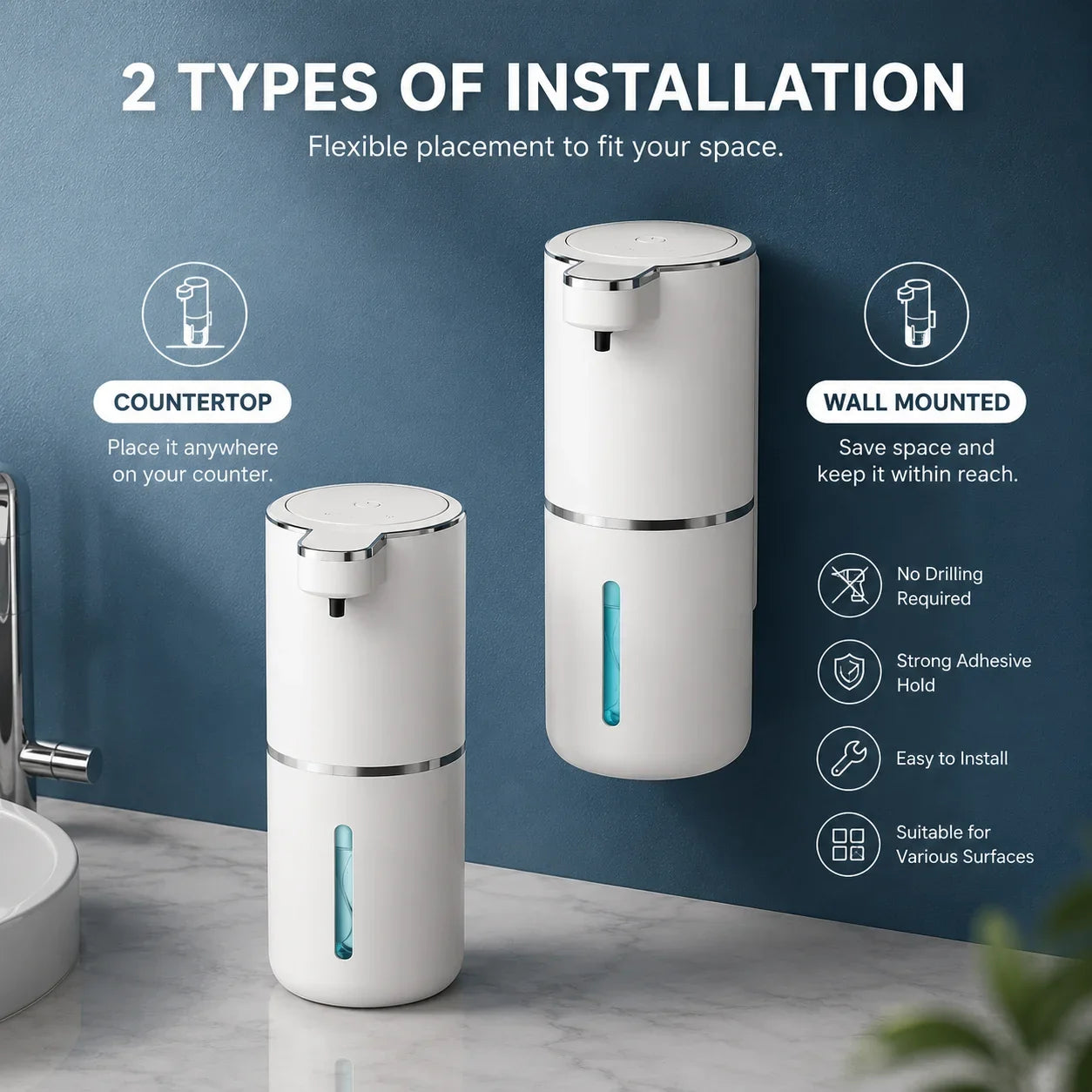 White automatic soap dispenser with chrome accents, shown countertop and wall-mounted for bathroom or kitchen use