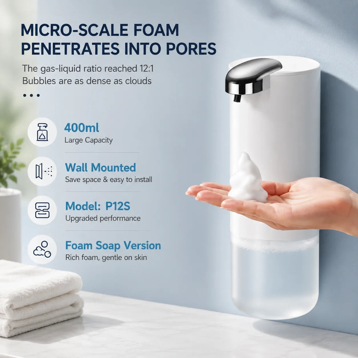 Wall-mounted foam soap dispenser with 400ml capacity, dispensing rich, gentle foam for bathroom use