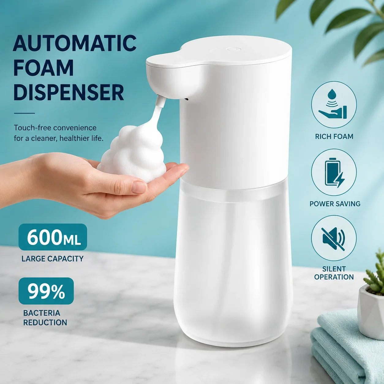 White automatic foam soap dispenser with 600ml capacity, touch-free for bathroom or kitchen use, dispensing rich foam.
