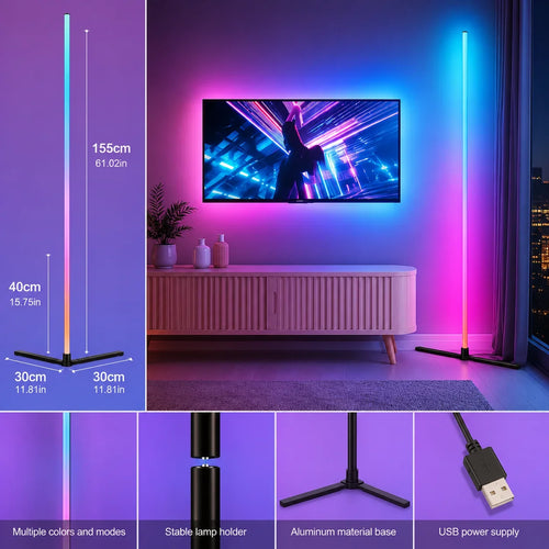 Tall RGB LED floor lamp with aluminum base, USB powered, for ambient room lighting and TV backlighting