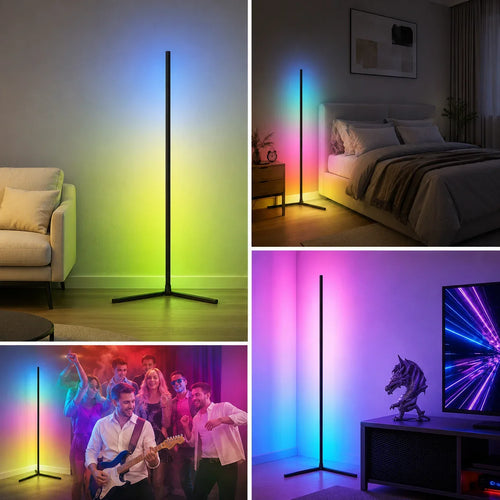 Black modern floor lamp with RGB color-changing LED light for living room, bedroom, or party ambiance