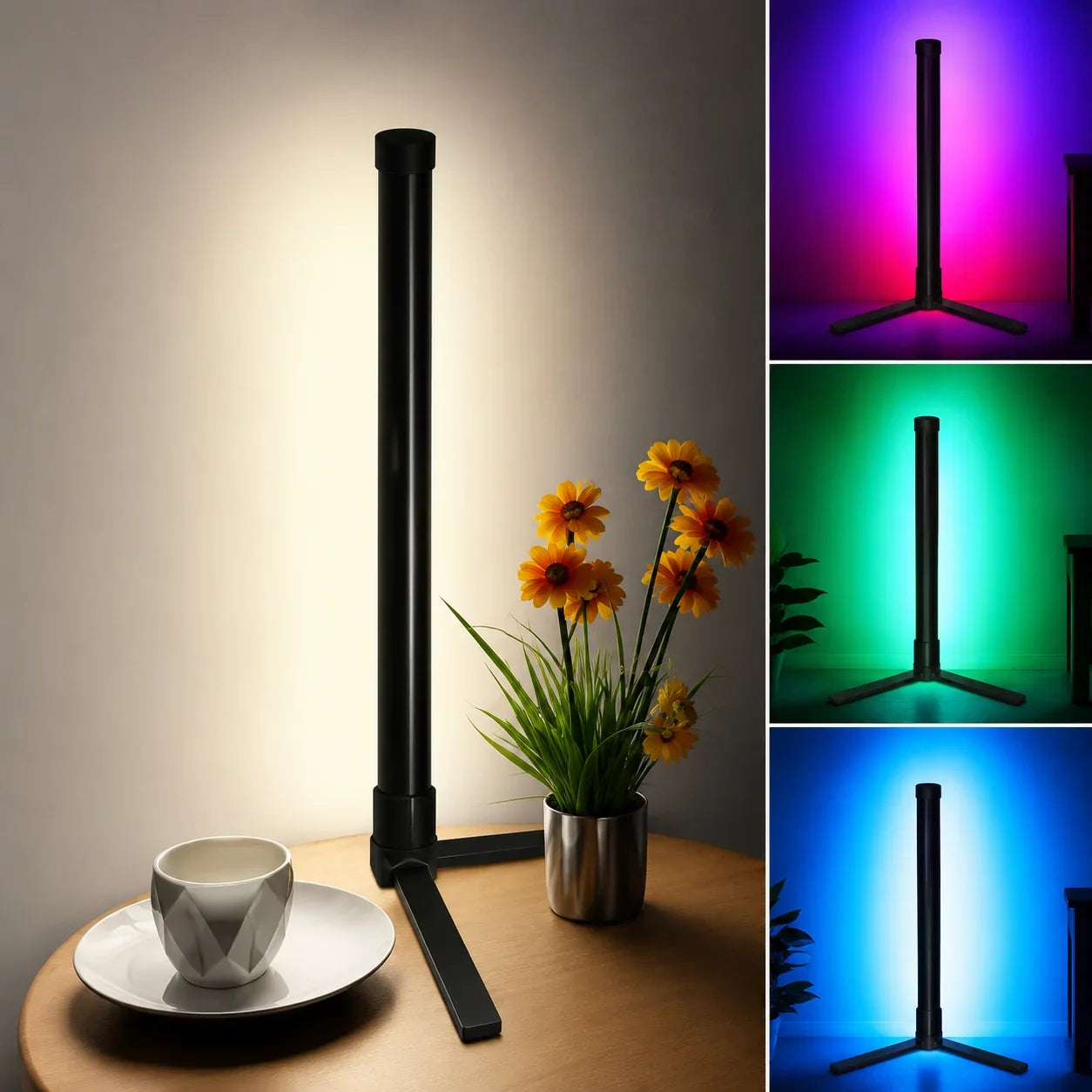 Black modern LED floor lamp with tripod base, emitting warm white and colorful ambient light for living room or bedroom