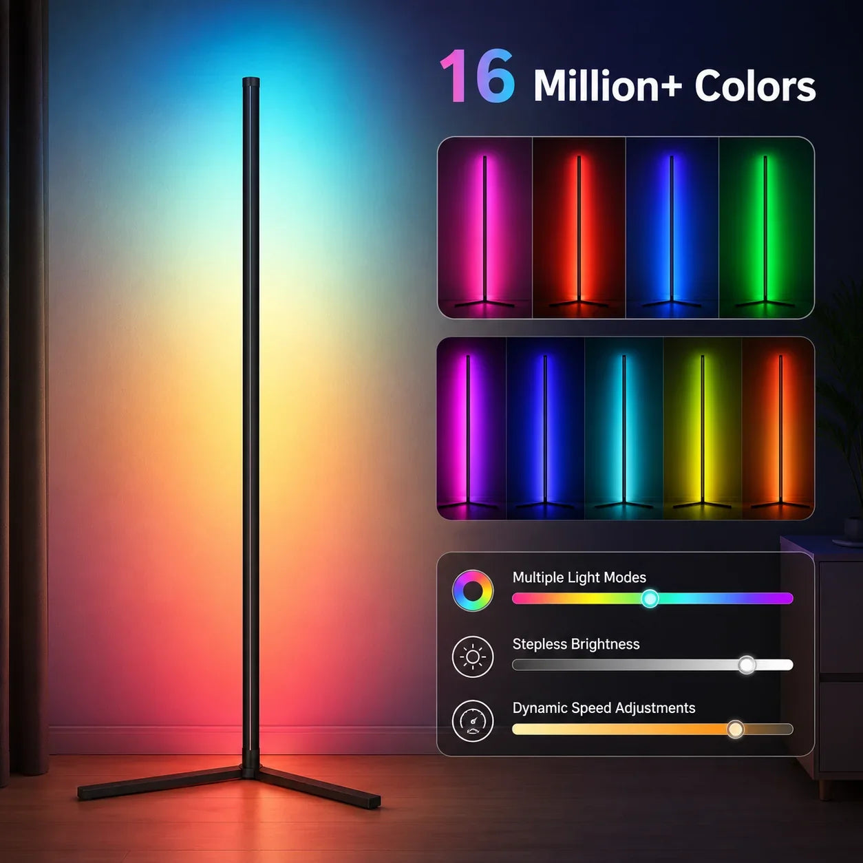 Black modern floor lamp with RGB color changing, dimmable brightness, and adjustable speed for living room ambiance