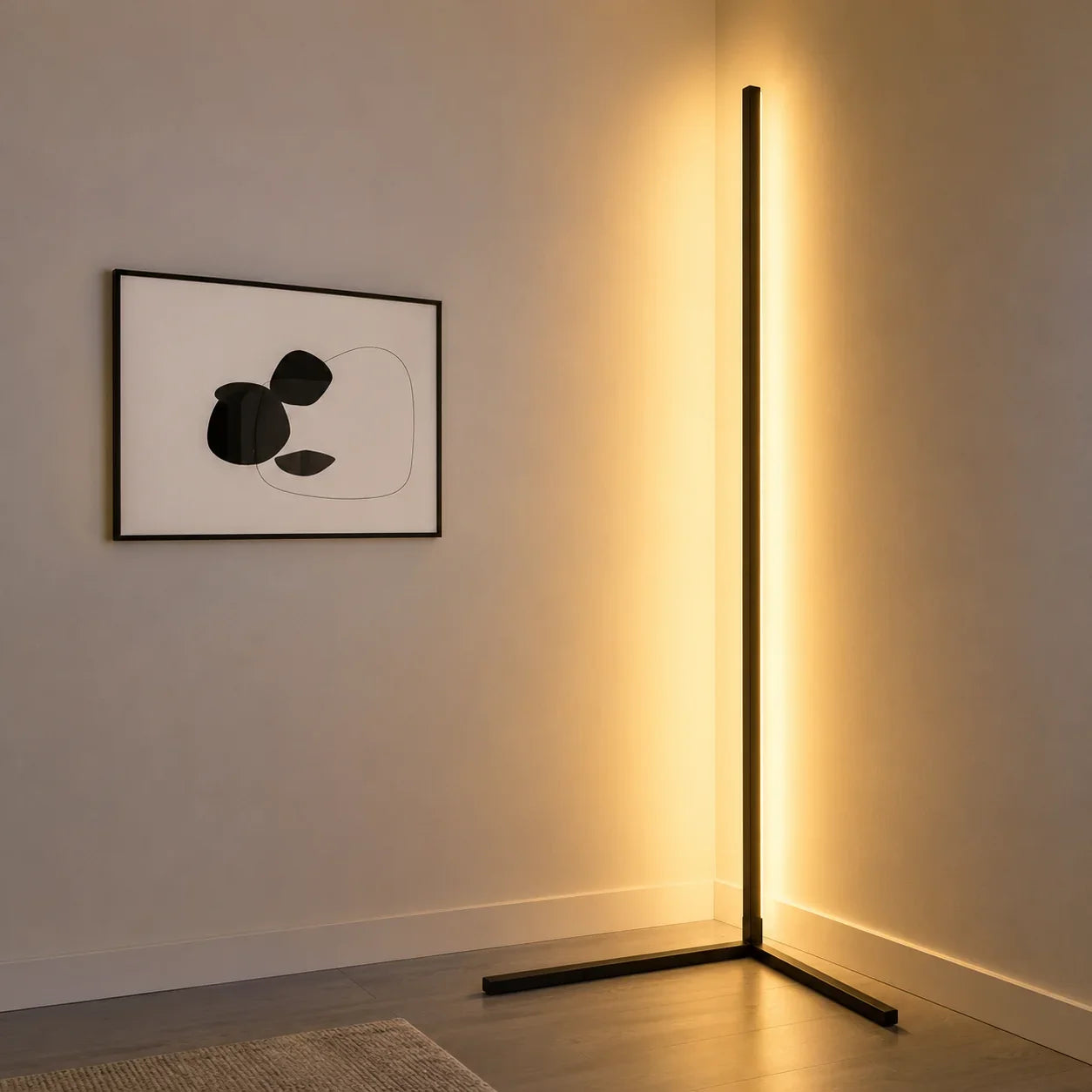 Modern black floor lamp with warm glow, sleek vertical design for living room ambiance