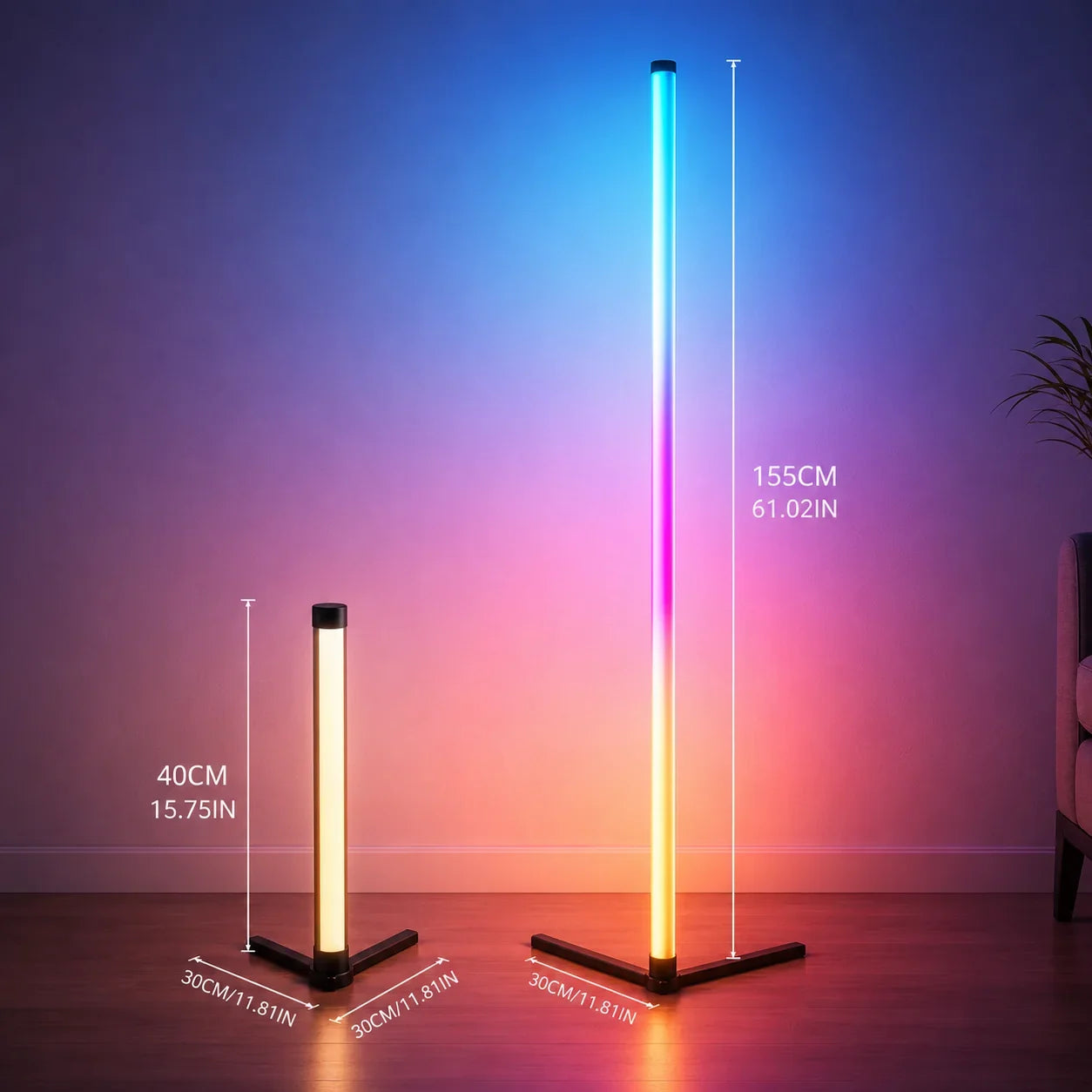 Modern LED floor lamp with RGB color changing light, sleek cylindrical design, black base, for living room ambiance