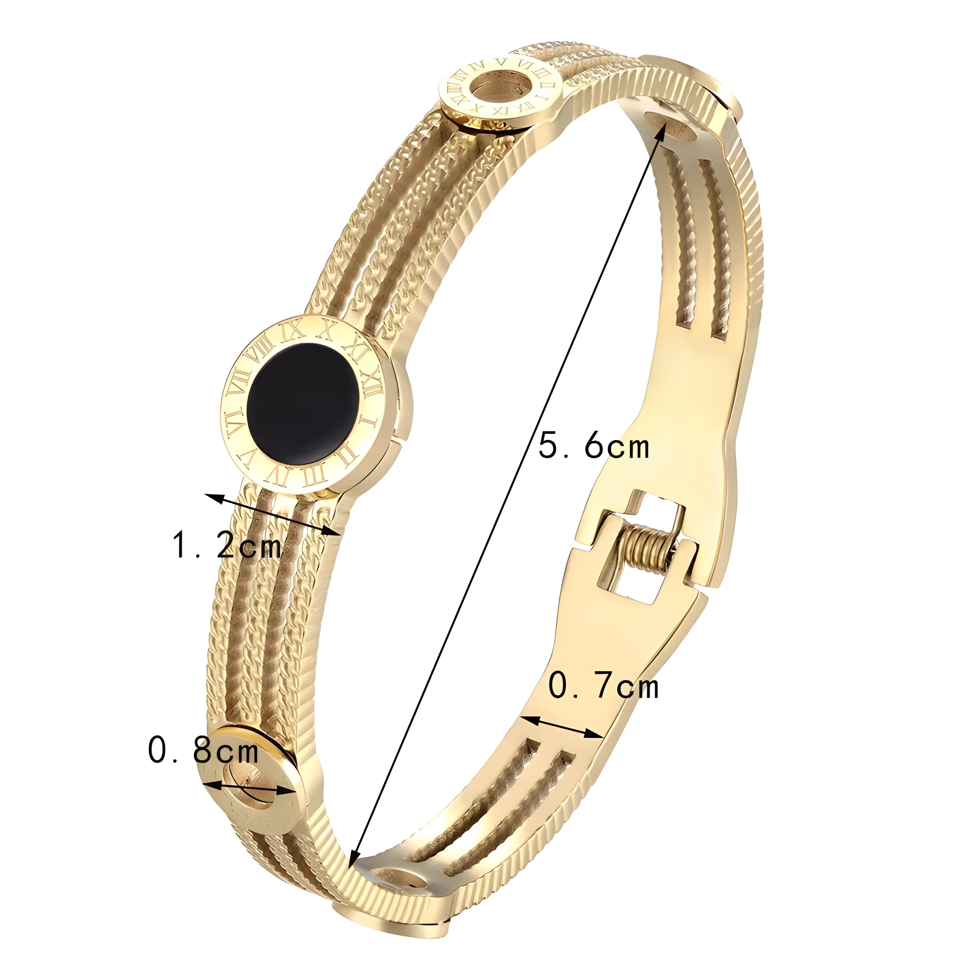 Gold-tone Roman numeral bangle bracelet with textured weave design, minimalist style, 5.6cm diameter