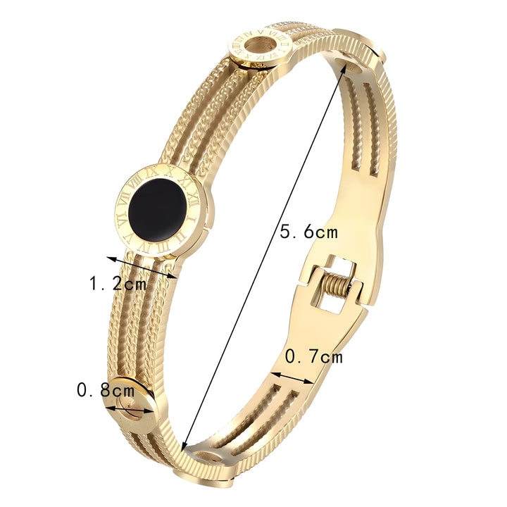 Gold-tone Roman numeral bangle bracelet with textured weave design, minimalist style, 5.6cm diameter