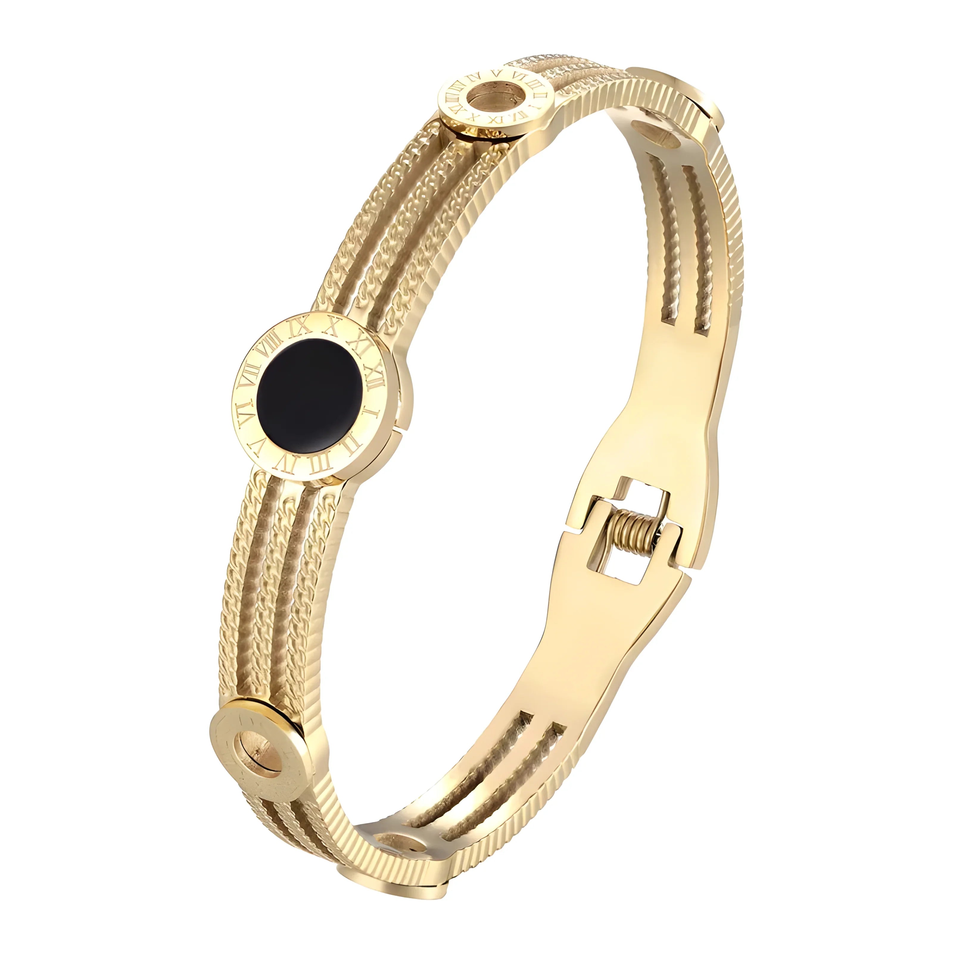 Gold-tone bangle bracelet with Roman numeral bezel, black dial, and textured band, minimalist luxury style