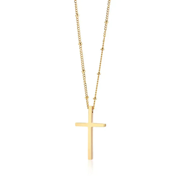 Gold cross necklace with beaded chain, minimalist style, everyday wear
