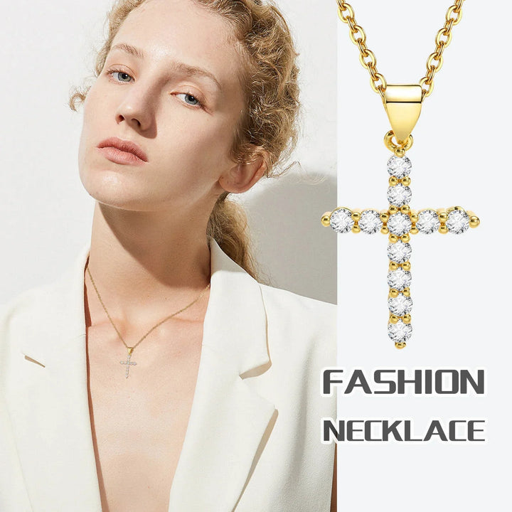 Gold cross necklace with clear crystals, minimalist fashion pendant for everyday wear