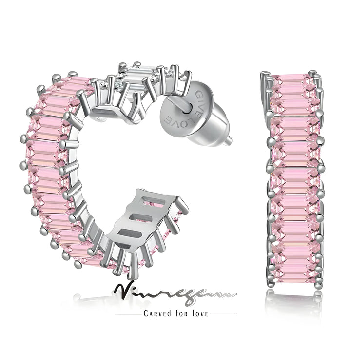 Pink baguette-cut gemstone hoop earrings in silver, modern minimal design, stud style