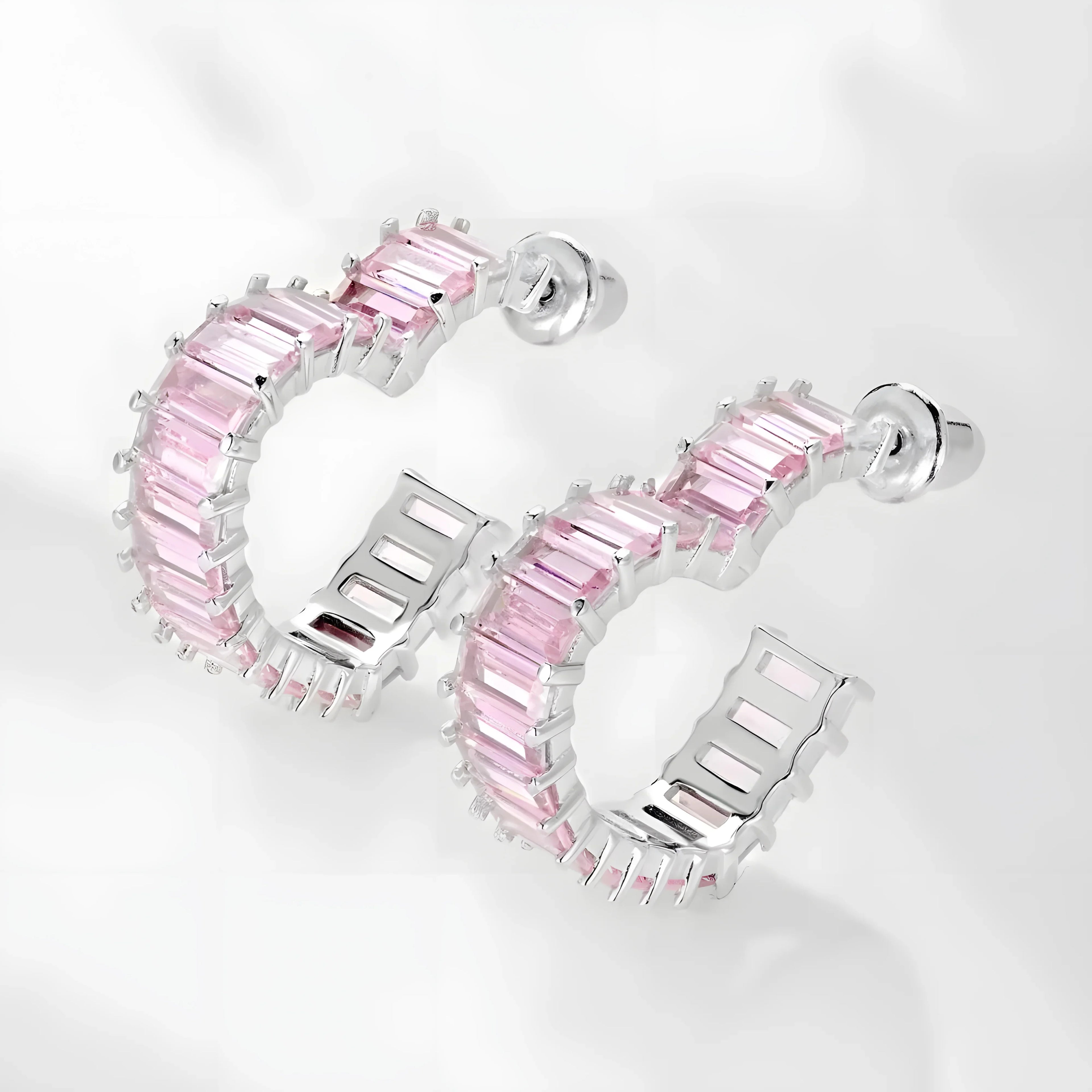 Sapphire Heart Earrings silver hoop earrings with pink gemstone baguettes, minimal modern style