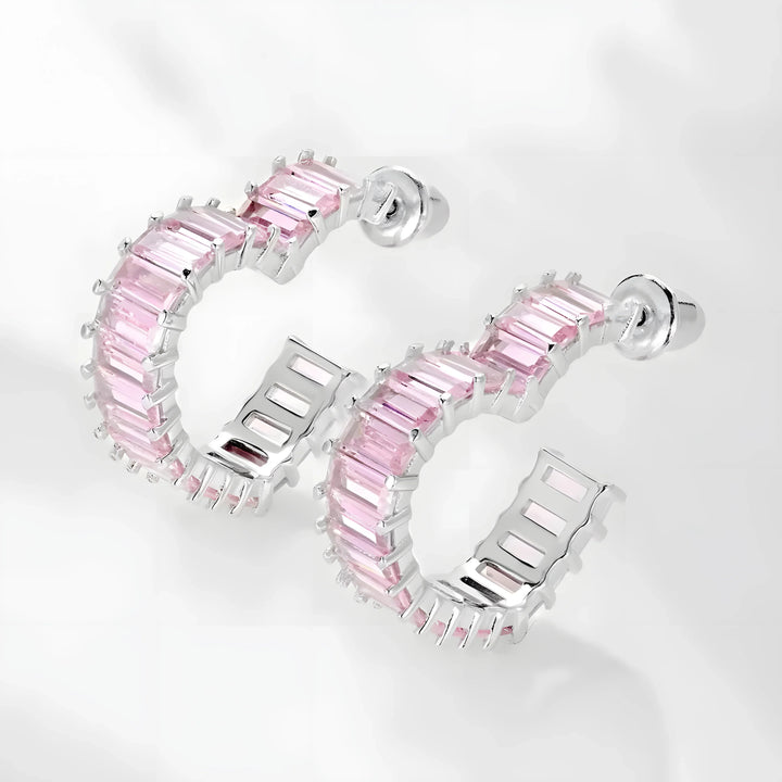 Sapphire Heart Earrings silver hoop earrings with pink gemstone baguettes, minimal modern style