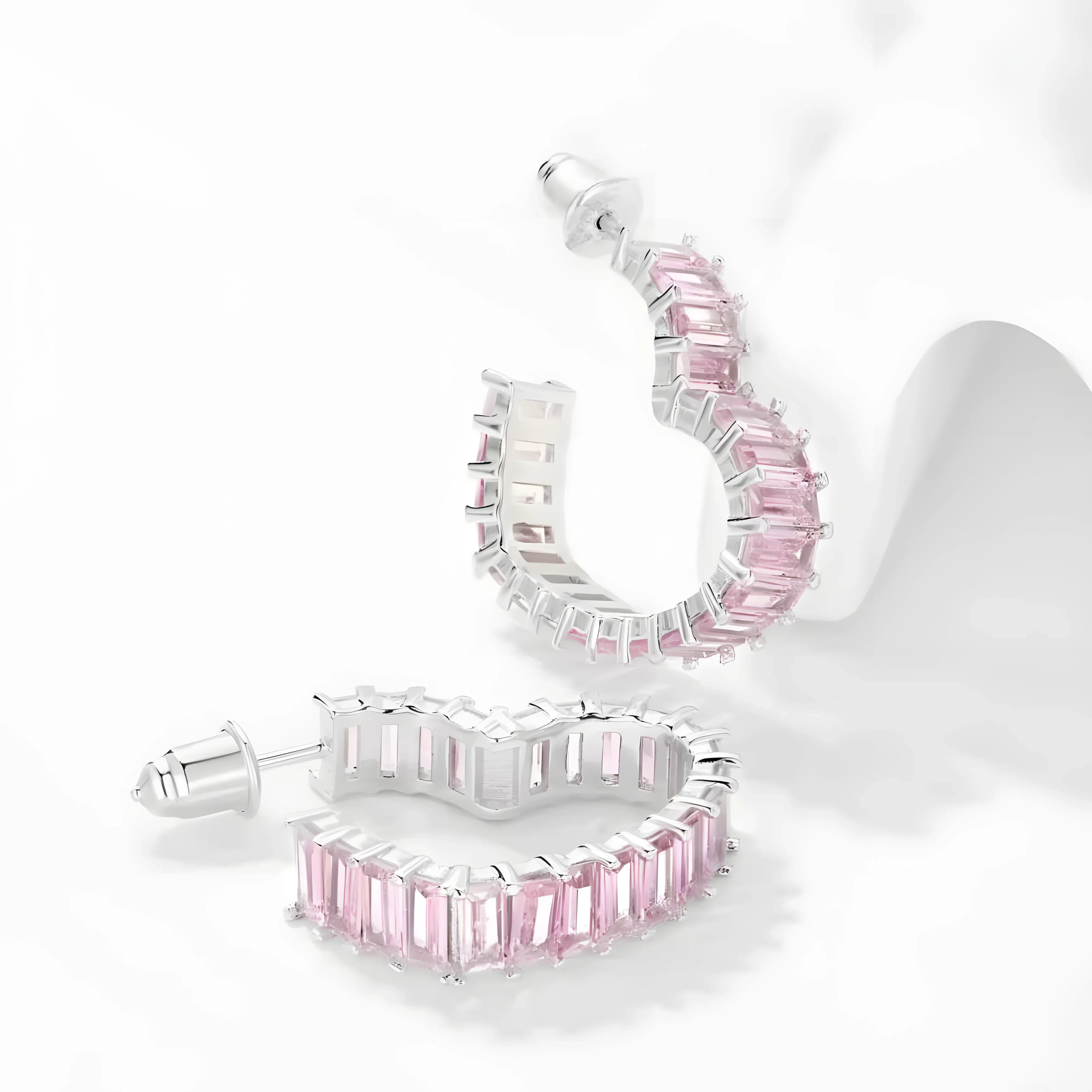 Sapphire Heart Earrings, silver hoop earrings with pink baguette sapphires in a heart shape design
