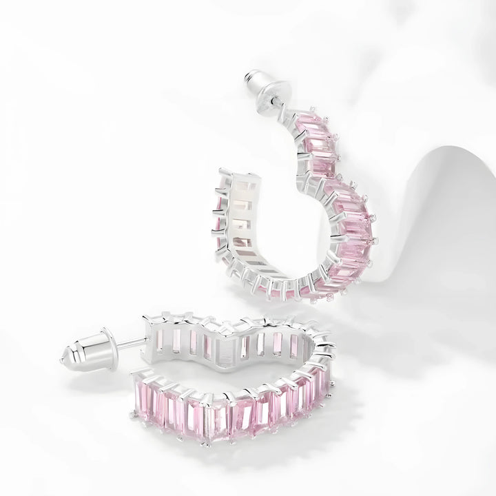 Sapphire Heart Earrings, silver hoop earrings with pink baguette sapphires in a heart shape design
