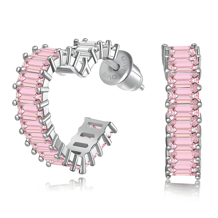 Sapphire Heart Earrings pink hoop earrings with silver metal and baguette-cut stones minimalist style