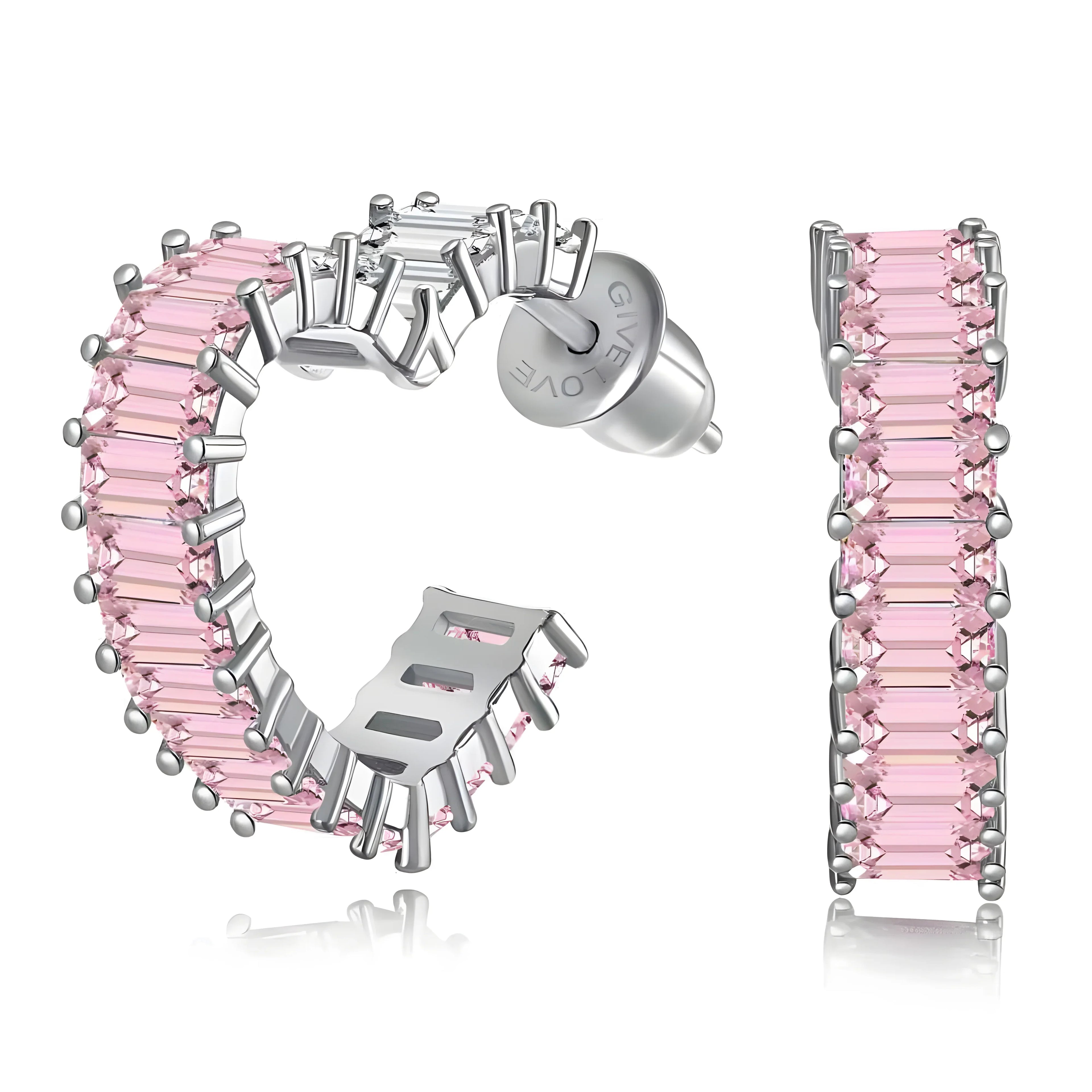 Sapphire Heart Earrings hoop style with silver metal and pink gemstones, modern minimalist design