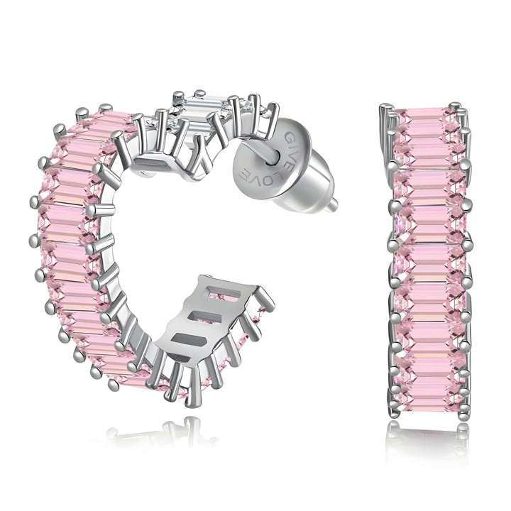 Sapphire Heart Earrings hoop style with silver metal and pink gemstones, modern minimalist design