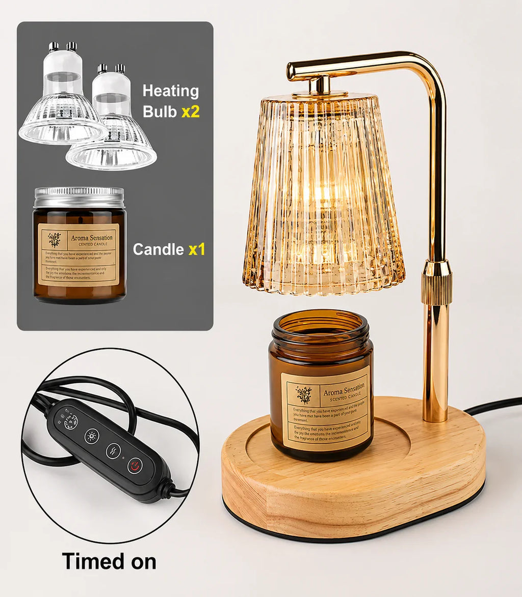 Gold candle warmer lamp with wooden base, heating bulb, and amber glass jar for scented candles