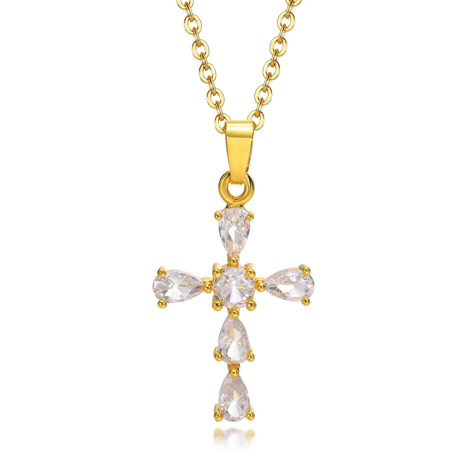 Gold cross necklace with clear cubic zirconia stones, minimalist style pendant on chain