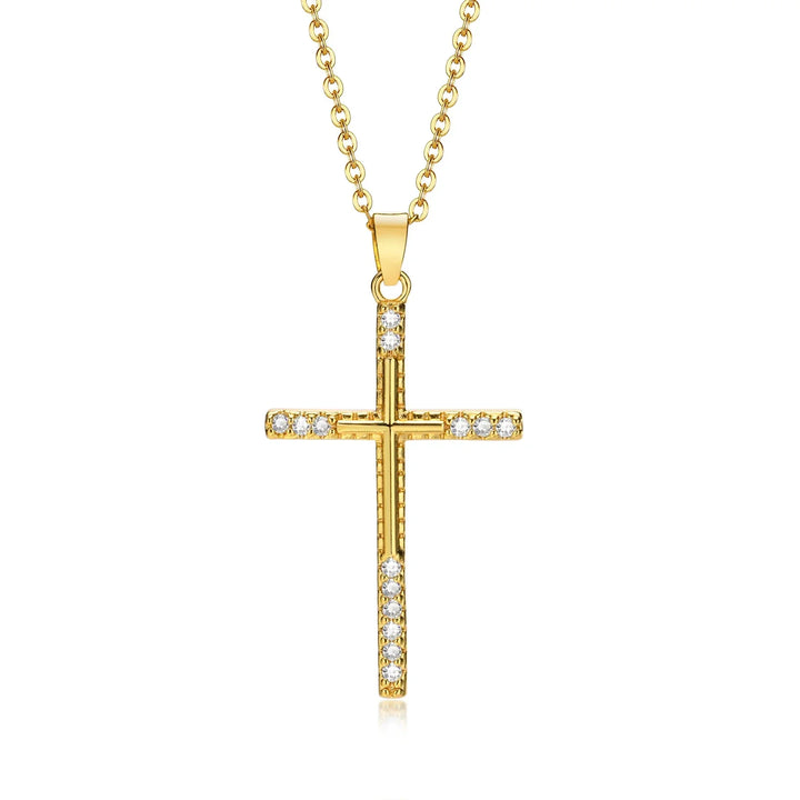 Gold cross necklace with cubic zirconia, minimalist style, everyday wear