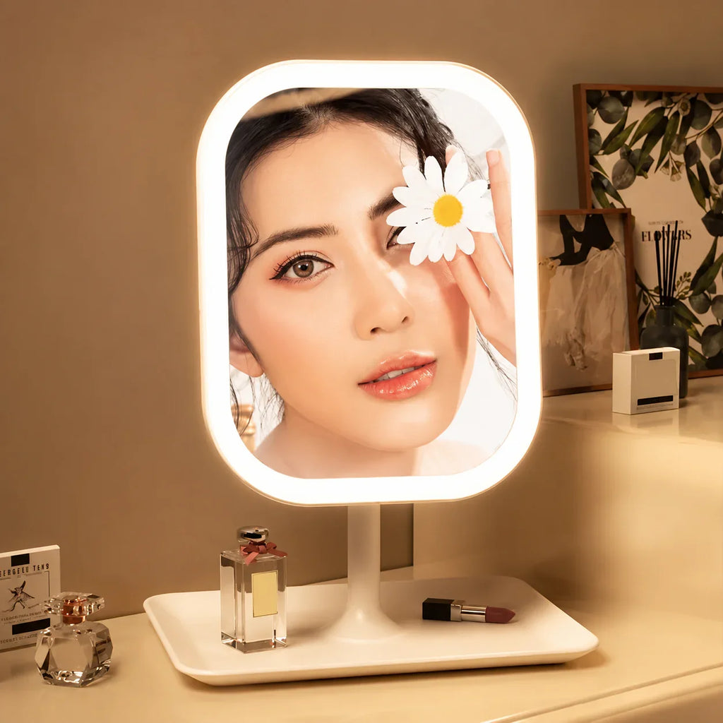 White LED vanity mirror with rounded edges, ideal for makeup application and bathroom use