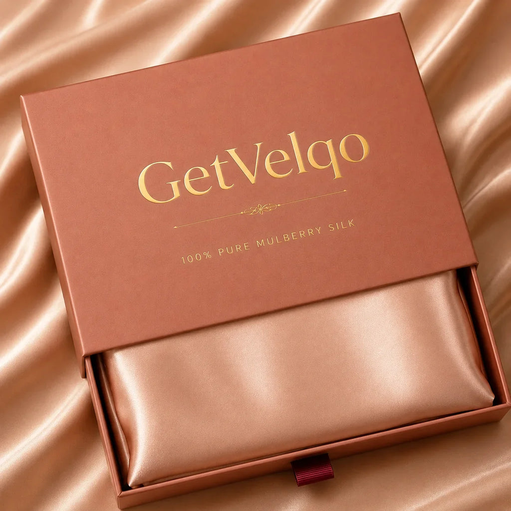 GetVelqo 100% pure mulberry silk pillowcase in rose gold, nestled in luxury gift box for premium bedroom comfort
