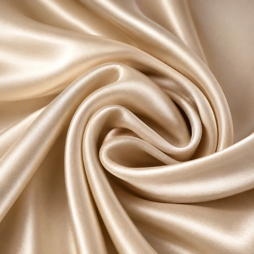 Cream satin fabric with smooth, glossy texture for luxury bedding or drapery