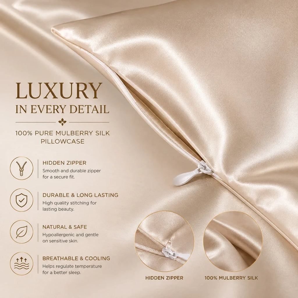 Cream mulberry silk pillowcase with hidden zipper, soft breathable fabric for luxury sleep comfort