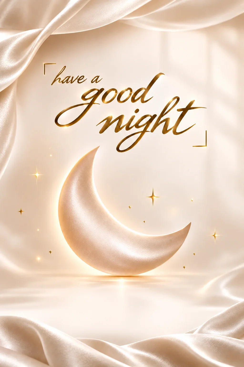 Crescent moon nightlight with golden 'have a good night' text on soft satin, for bedroom ambiance