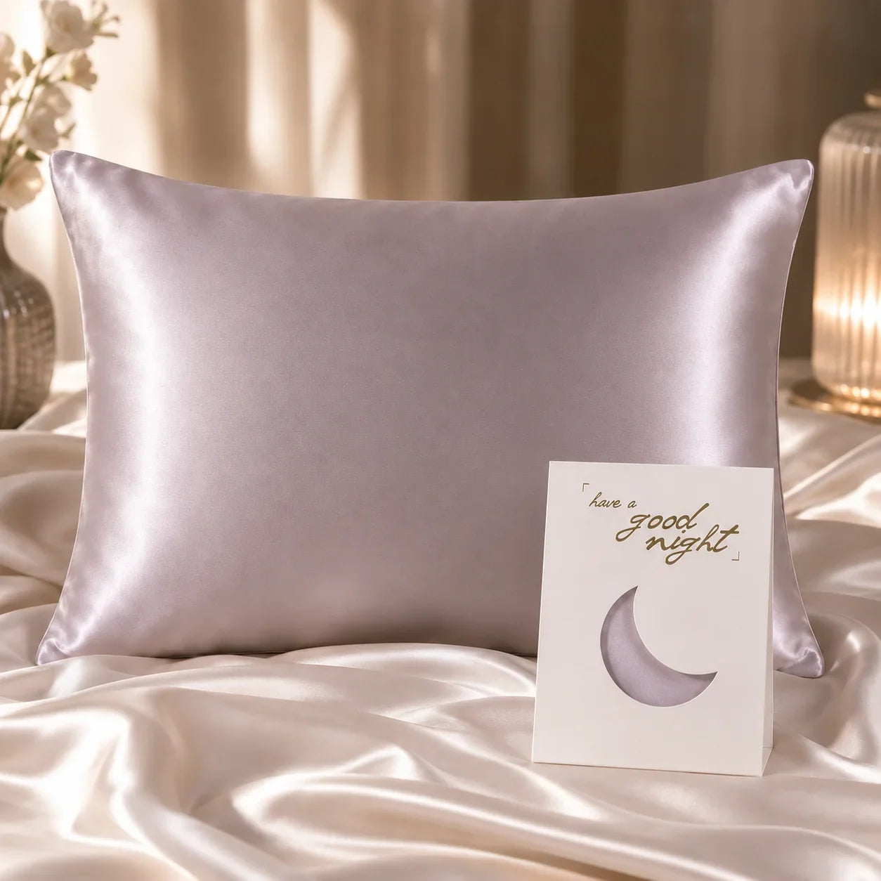Lavender satin pillowcase on silky bedding, paired with a good night card for bedroom comfort and luxury sleep