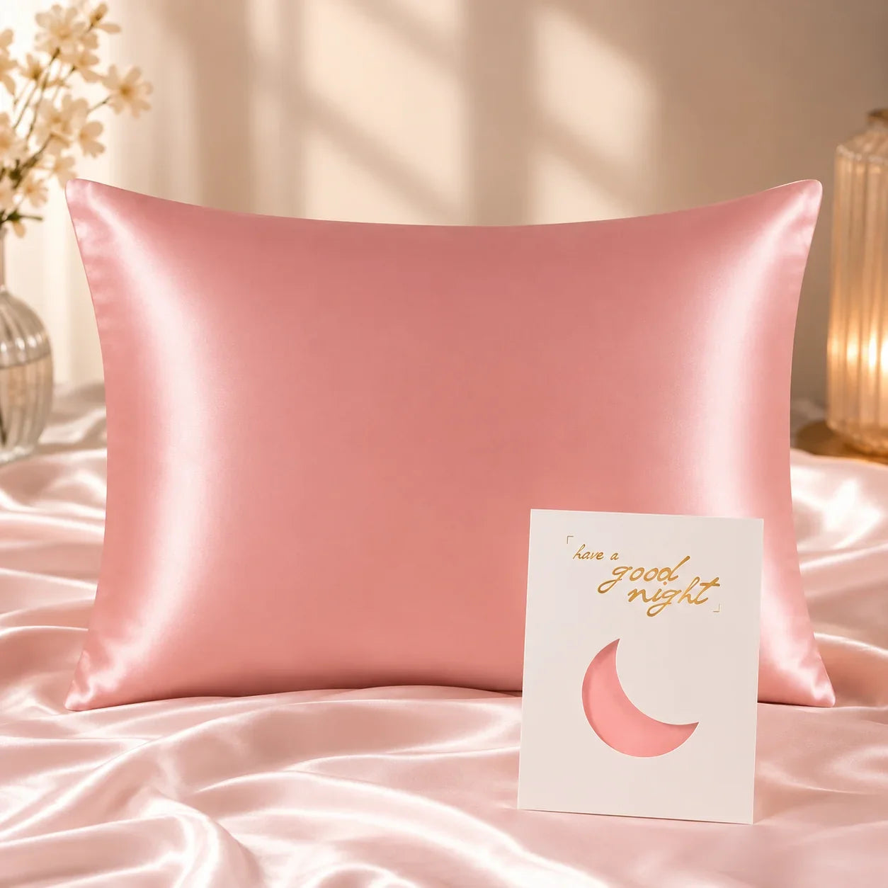 Pink satin pillowcase on matching sheets, styled with a good night card for bedroom comfort