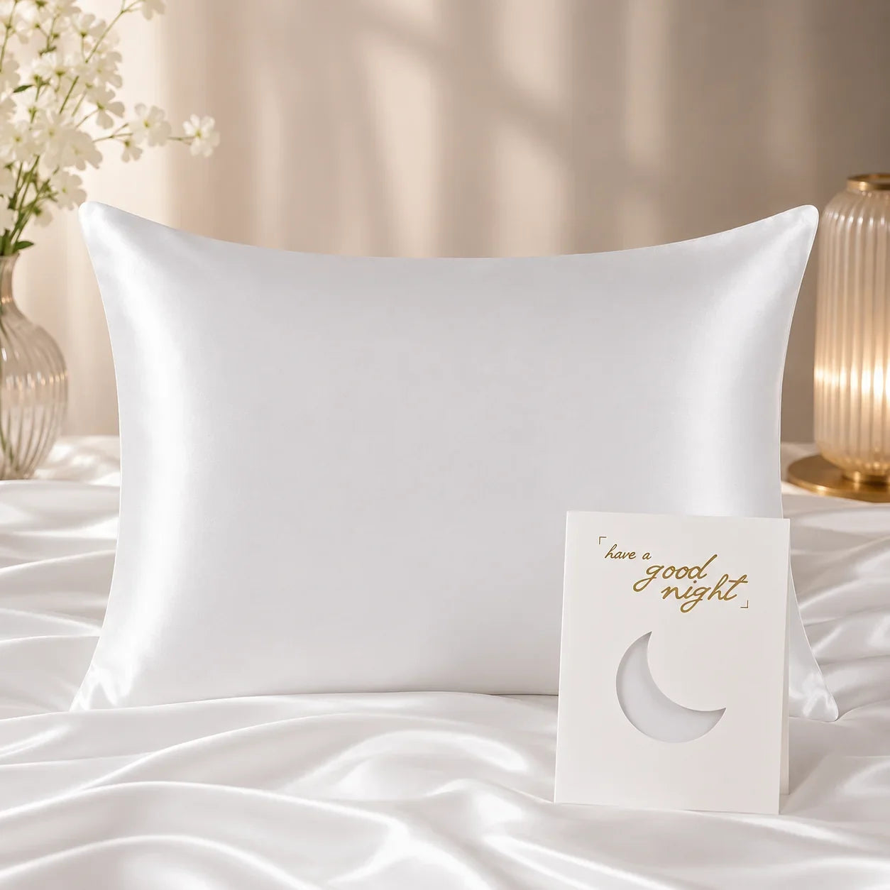 White satin pillowcase on bed with good night card, soft luxury bedding for bedroom comfort