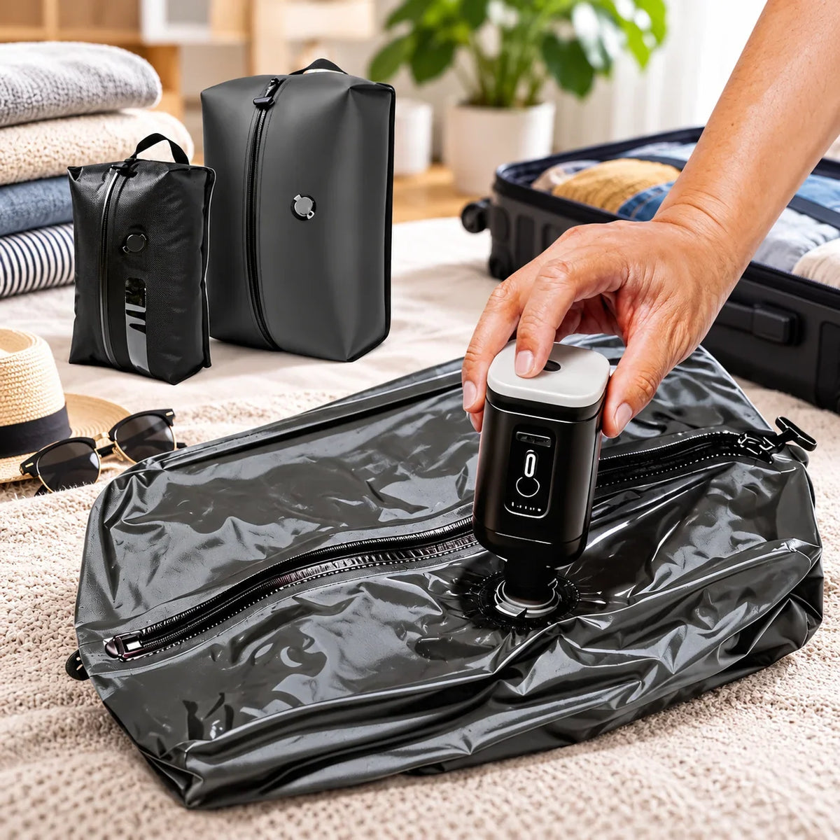 Hand using a black GetVelqo electric pump to vacuum compress a black travel storage bag.