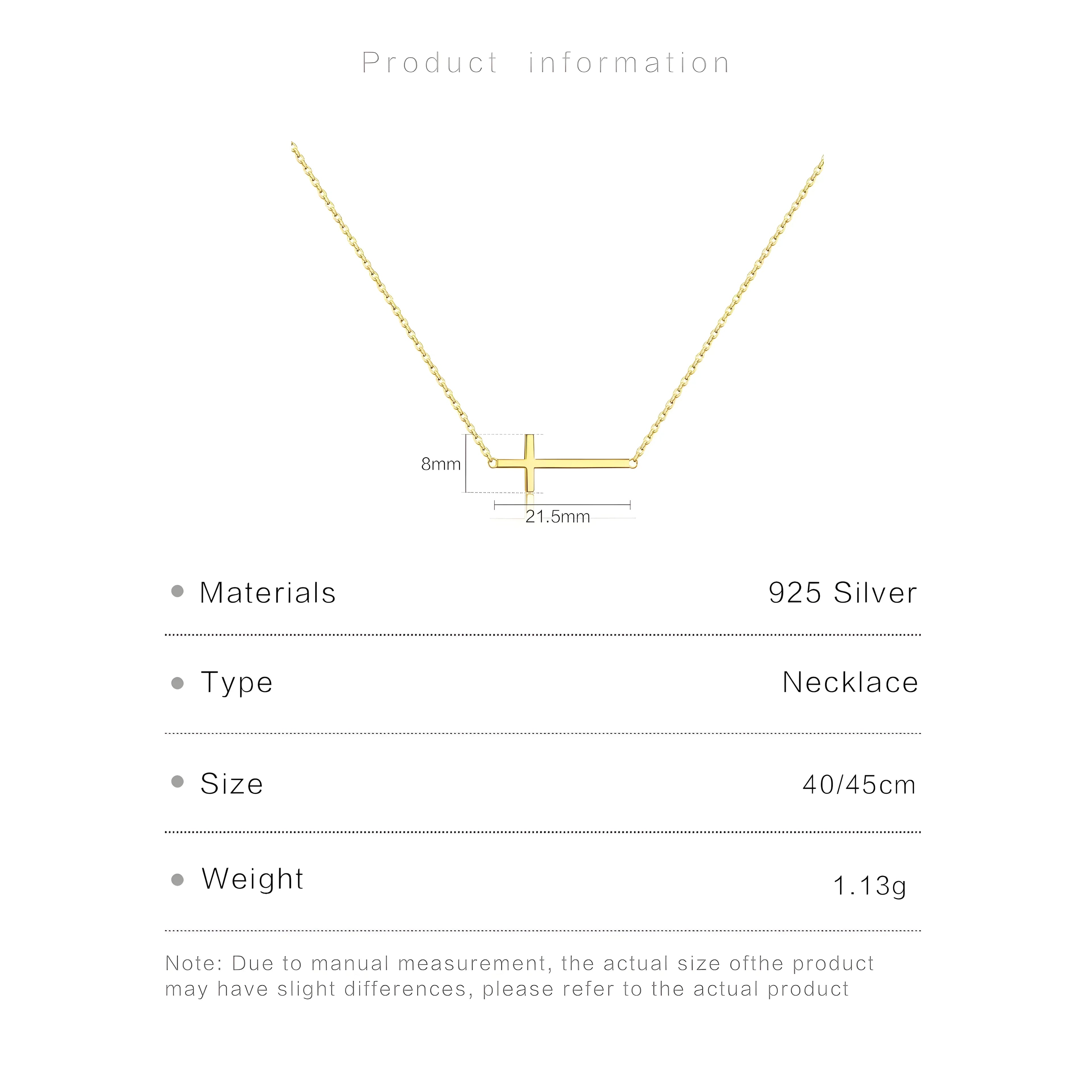 Sterling Silver Cross Necklace, gold color, minimalist style, 925 silver horizontal bar pendant