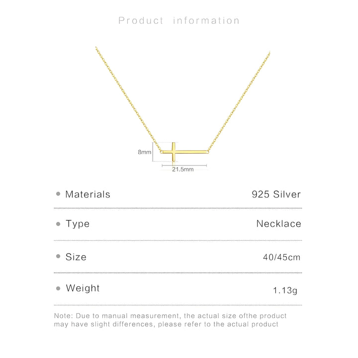Sterling Silver Cross Necklace, gold color, minimalist style, 925 silver horizontal bar pendant