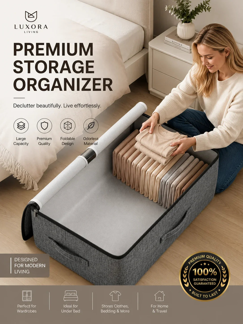 Gray fabric storage organizer for clothes under bed, foldable design with large capacity