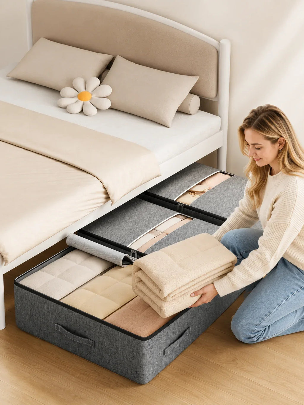 Gray fabric under-bed storage box with quilted dividers holding folded blankets, ideal for bedroom organization.