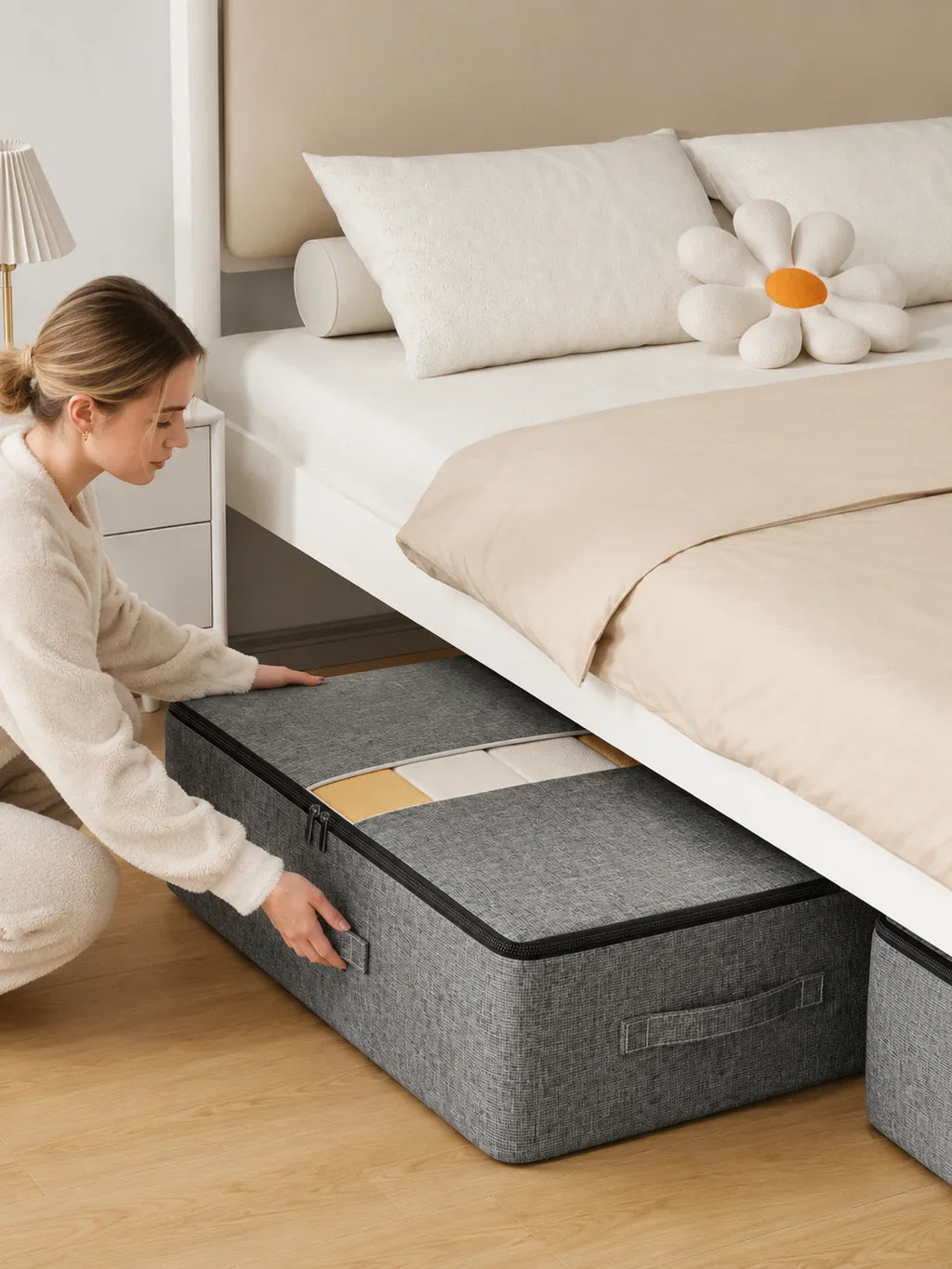 Gray fabric under-bed storage box with zipper, used for organizing bedroom essentials
