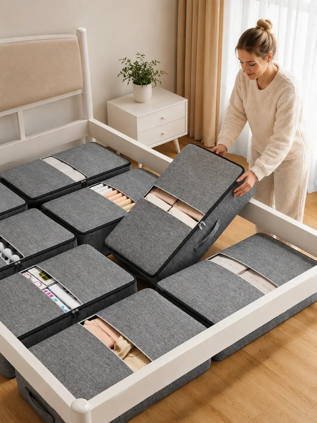 Gray fabric under-bed storage bins with zippers for organizing clothes and linens