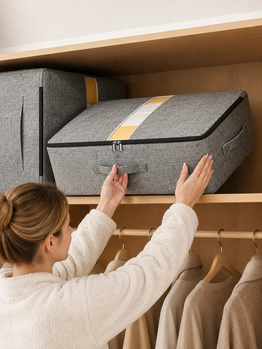 Gray fabric storage box with yellow stripe, used for closet organization on wooden shelf