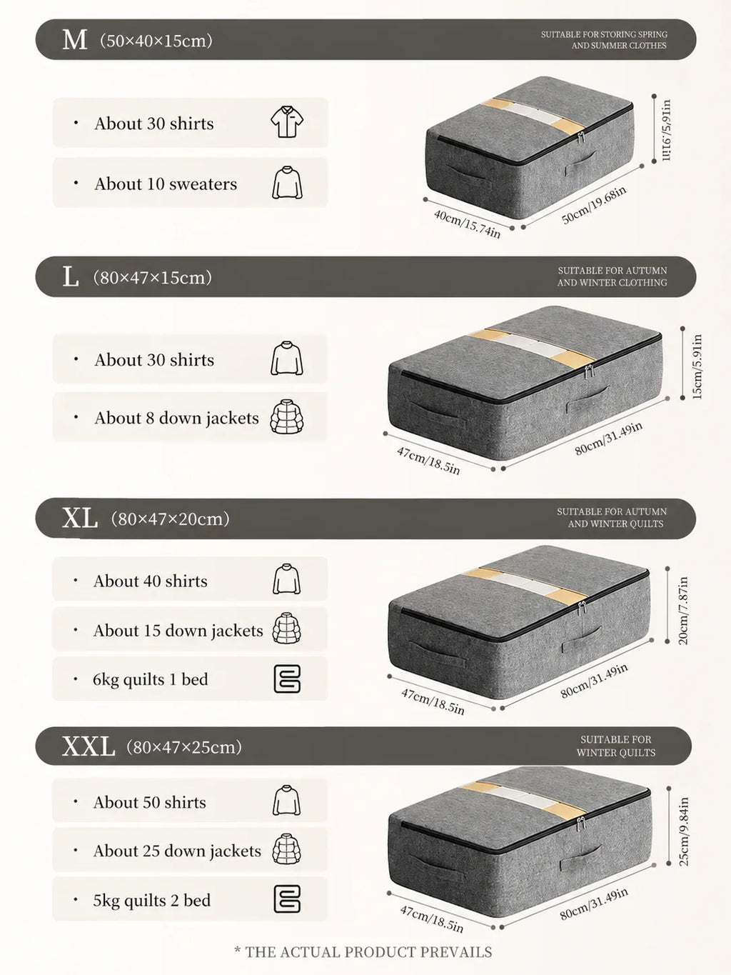 Gray felt storage boxes with zippered lids, available in M, L, XL, XXL sizes for seasonal clothing and quilts organization