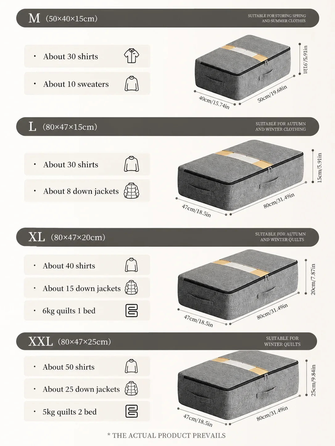 Gray felt storage boxes with zippered lids, available in M, L, XL, XXL sizes for seasonal clothing and quilts organization